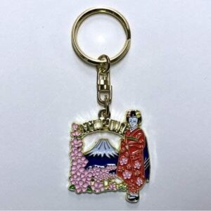 No-brand Japanese souvenir keychain featuring Mt. Fuji, cherry blossoms, and maiko (shipped via mail)