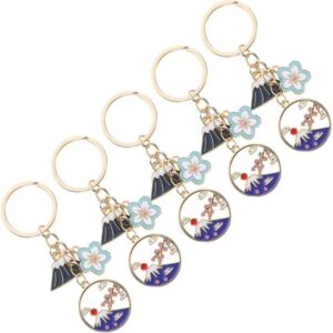 [SHOWERORO] 5pcs Japan Style Mt. Fuji Key Chain Alloy Cherry Blossom Flower Charm Key Holder Ring Car Backpack Home Wallet Decoration, multicolor