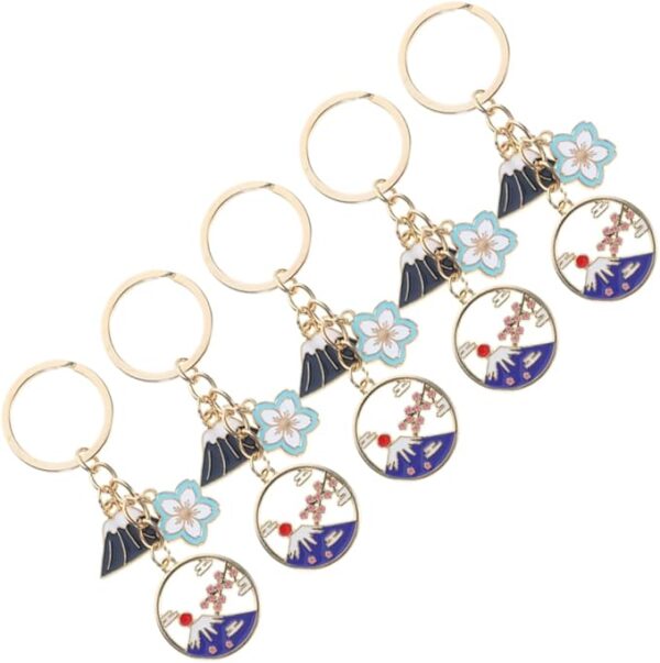 [SHOWERORO] 5pcs Japan Style Mt. Fuji Key Chain Alloy Cherry Blossom Flower Charm Key Holder Ring Car Backpack Home Wallet Decoration, multicolor
