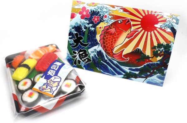 Sushi Candy, 5-Tray Set, with Tairyo-Hata (Large Fishing Flag) and Postcard, by Takara Seika