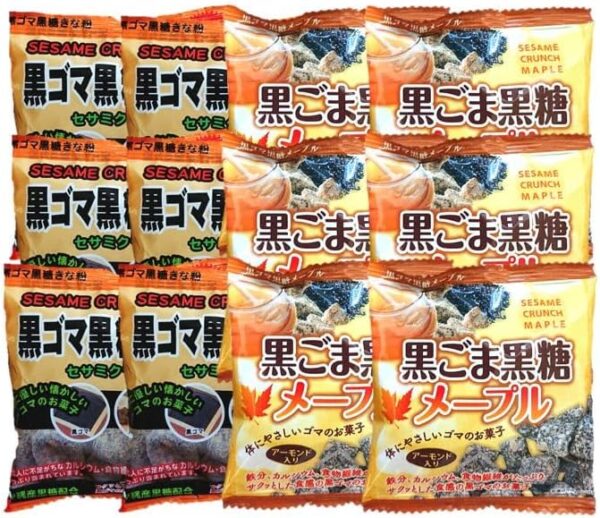 Okinawa Pioneer Foods Black Sesame Brown Sugar Soy Flour & Black Sesame Brown Sugar Maple Sesame Crunch, 0.7 oz (20 g) x 12 Pieces Set