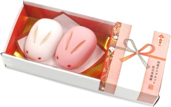 Artha Japanese Sweets Magnets, Red and White Rabbit Buns with Flower Knots, Set of 2, Magnets, Gift, Spirit of Japan, Authentic, MGW005495