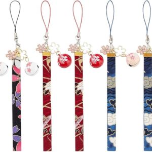 [OLYCRAFT] 6pcs 3 Colors Cherry Blossom Keychain Pendant Lucky Cat Key Ring Charm Japanese Enamel Bell Buckle Key Ring with Flower Polyester Strap for Handbag Phone Funny Gift -18.5cm