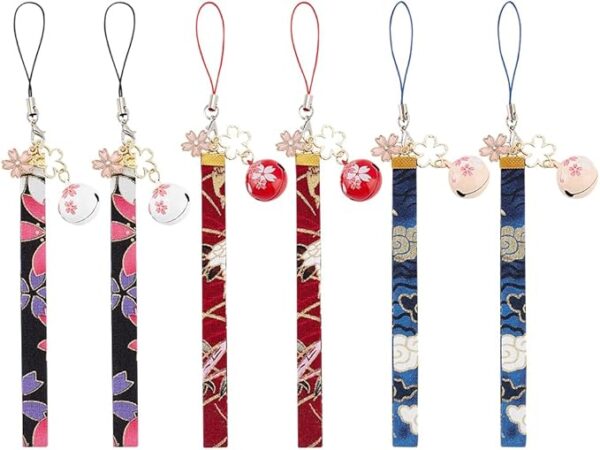 [OLYCRAFT] 6pcs 3 Colors Cherry Blossom Keychain Pendant Lucky Cat Key Ring Charm Japanese Enamel Bell Buckle Key Ring with Flower Polyester Strap for Handbag Phone Funny Gift -18.5cm