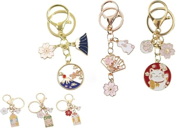 Mount Fuji, Cherry Blossom, Maneki-neko, Lucky Cat, Charm Keychain