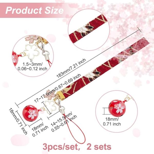 [OLYCRAFT] 6pcs 3 Colors Cherry Blossom Keychain Pendant Lucky Cat Key Ring Charm Japanese Enamel Bell Buckle Key Ring with Flower Polyester Strap for Handbag Phone Funny Gift -18.5cm - Image 2