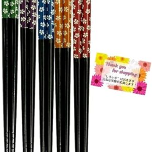 [Beautiful Japanese Traditional Japanese Cherry Blossom Pattern] Natural Bamboo Chopsticks for Home Dining Table Overseas Souvenirs, 5 Assorted Colors, 8.9 inches (22.5 cm), Set of 2