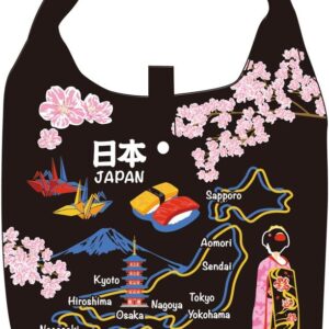 Nor Corporation Eco Bag, Japanese Pattern, Foldable, with Storage Pouch, Map of Japan, Black, ECZ-1-37