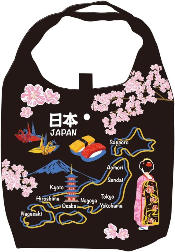 Nor Corporation Eco Bag, Japanese Pattern, Foldable, with Storage Pouch, Map of Japan, Black, ECZ-1-37