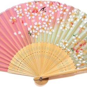 Asahio 121005 Hand Fan, Flowy Cherry Blossom (Pink), 8.3 inches (21 cm), 30 Rooms, Women's, Women's, Silk Folding Fan, Handmade, RPJ Set