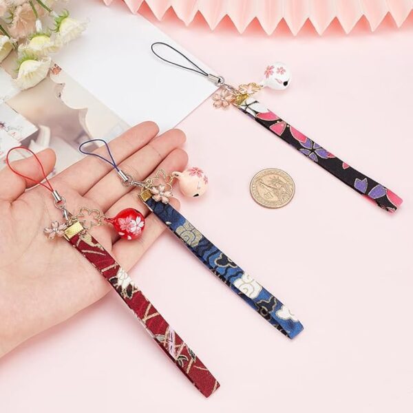 [OLYCRAFT] 6pcs 3 Colors Cherry Blossom Keychain Pendant Lucky Cat Key Ring Charm Japanese Enamel Bell Buckle Key Ring with Flower Polyester Strap for Handbag Phone Funny Gift -18.5cm - Image 3