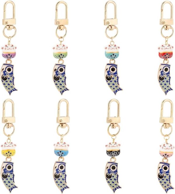 PH PandaHall 8 Maneki Neko Keychain Key Ring, Smartphone Strap, Carp Banner, Carp Streamer, Japanese Style, Cute Cat Pendant, Wallet, Bag Decoration, Charm, Good Luck, Amulet, Accessory, New Year