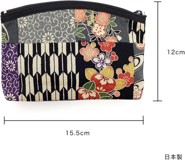 Kyoisu Crepe Pouch, Made in Japan, Cosmetic, Makeup, Approx. 6.1 x 4.7 inches (15.5 x 12 cm), Cosmetic, Portable, Travel, Accessory Case, Japanese Pattern, Gusset Included, Japanese Small Poem Black - Image 2