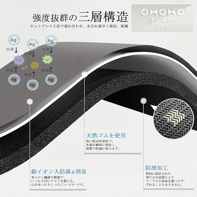 Diatomaceous Earth Coasters Made in Japan, Water Absorbing Coasters, Soft Round, Set of 2, Diameter 3.5 inches (9.0 cm), Antibacterial Silver Ion, Dark Gray - Image 5