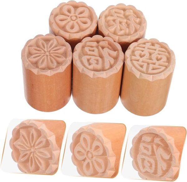 DOITOOL 5-Piece Set Wooden Japanese Sushi Stamp, Chocolate Cookie Shaper, Mooncake Shaper, Embossing Cookie Cutter, Chocolate Cake Baking Stamp, Dessert Stamp Mold - Image 2