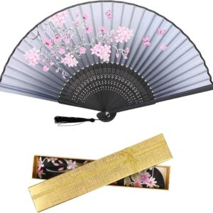 YOVOY Women's Fan, Stylish, Silk, Japanese Style Fan, Large, Short Fan, Floral Print, Present, Fireworks Festival, Yukata, Kimono, Kimono, Accessories, Festival, Heat Retention, Gift Bag and Box