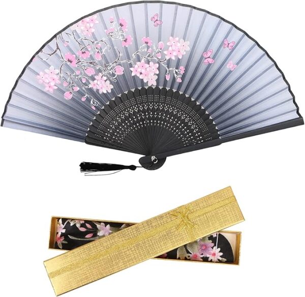 YOVOY Women's Fan, Stylish, Silk, Japanese Style Fan, Large, Short Fan, Floral Print, Present, Fireworks Festival, Yukata, Kimono, Kimono, Accessories, Festival, Heat Retention, Gift Bag and Box