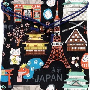 Kyou Hello Nippon Drawstring Bag, Cute Hello Nippon, Made in Japan, Approx. 9.6 x 7.9 inches (24.5 x 20 cm), Black
