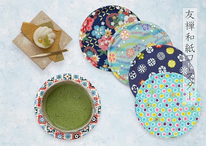 Tatsukraft Yuzen Washi Coaster Cherry Blossom Peony Pattern Set of 2 Dishwasher-Safe Coasters Stylish Plastic Japanese Modern Japanese Pattern Yuzen Washi Kyo Yuzen Paper Japanese Style Interior Tea - Image 2