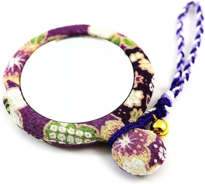 Flower Crepe Compact Mirror, Round Mirror, Japanese Pattern, Kimono Crepe (Purple) - Image 2