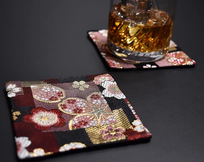 Gift Ready, Non-woven Bag Included, English Product Introduction (English Language Not Guaranteed) Japanese Style Brocade Woven Kimono Coasters Set of 2 (Benizakura, Benizakura) - Image 3