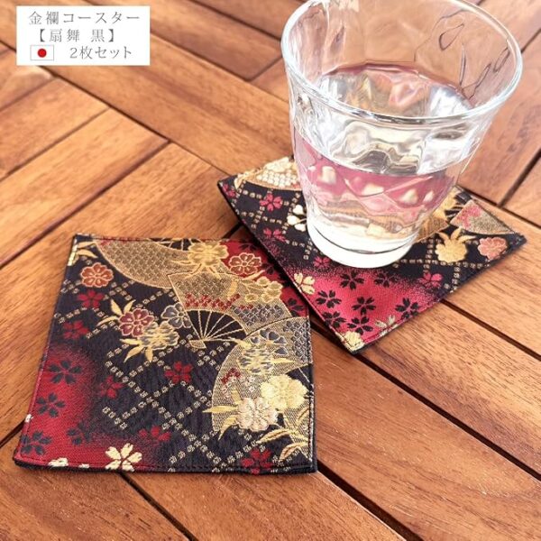 Golden Brocade Coaster [Mai Fan Black] Set of 2 Coasters Golden Brocade Nishijin Textile Japanese Pattern Kyoto Gold Orchid Black - Image 2