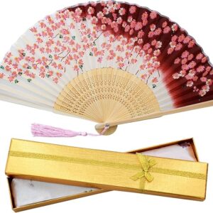 Boshiho Japanese-Style Folding Fan, Stylish, Pure Silk, Dance, Floral Pattern, Butterflies, Bamboo Craft, Cherry Blossom Pattern, Fan Pouch, Accessory for Japanese Attire, Elegant, Vibrant, Beautiful