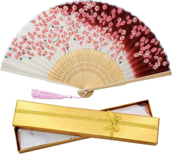 Boshiho Japanese-Style Folding Fan, Stylish, Pure Silk, Dance, Floral Pattern, Butterflies, Bamboo Craft, Cherry Blossom Pattern, Fan Pouch, Accessory for Japanese Attire, Elegant, Vibrant, Beautiful