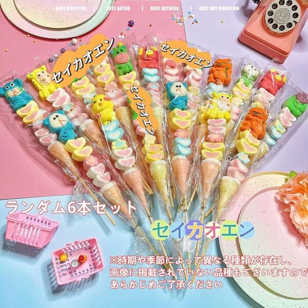 Seikaoen Cute Marshmallow Individual Packaging Skewers, Asmr, Sweets, Christmas Gummies, Overseas Assortment, Marshmallow Gumi, Assorted Sweets, Random Set (Set of 6) - Image 2