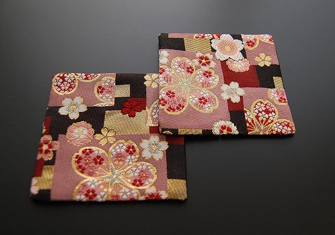 Gift Ready, Non-woven Bag Included, English Product Introduction (English Language Not Guaranteed) Japanese Style Brocade Woven Kimono Coasters Set of 2 (Benizakura, Benizakura) - Image 4