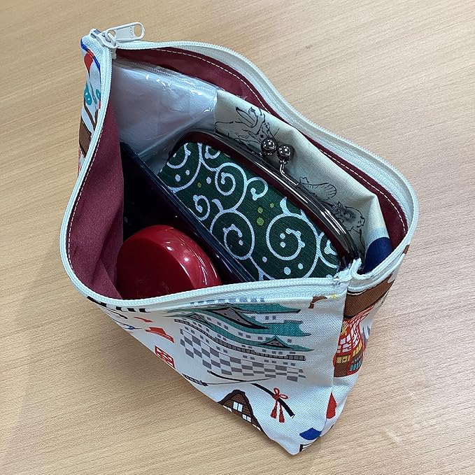 Keisuu Pouch, Hello Nippon, Tokyo, Kyoto, Mt. Fuji, Kinkakuji, Castle, Made in Japan, Cotton, Hello Nippon Pouch, Large, White - Image 3