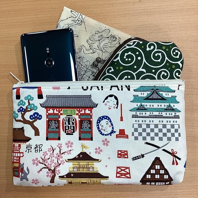 Keisuu Pouch, Hello Nippon, Tokyo, Kyoto, Mt. Fuji, Kinkakuji, Castle, Made in Japan, Cotton, Hello Nippon Pouch, Large, White - Image 4